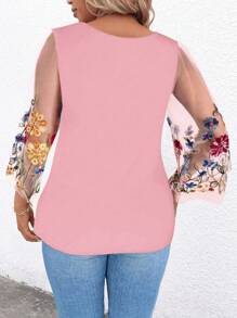 Plus Size Women Solid Color Patchwork Round Neck Long Sleeve Hollow Out Casual Blouse