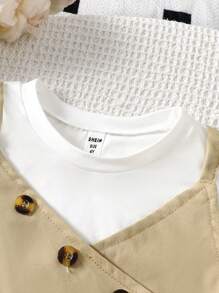 SHEIN Set de 2 piezas compuesto por una blusa corta de punto blanco y caki con efecto 2 en 1, y una falda larga de línea A en color caqui para niña joven