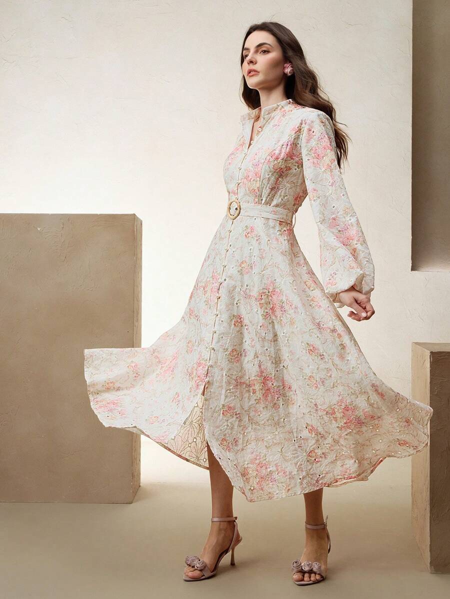 Anewsta Women's Elegant Vacation Ant Lantern Sleeve Maxi Dress - Multicolor - View 1