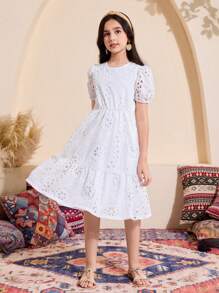 SHEIN Tween 女童简约时尚休闲纯色短袖连衣裙，日常穿着 - 白色 - 查看 3