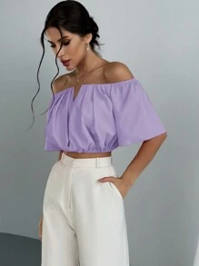 Aloruh Women's Solid Color Pleated Off Shoulder V-Neck Slim Fit Blouse Top - Mauve Purple - View 4