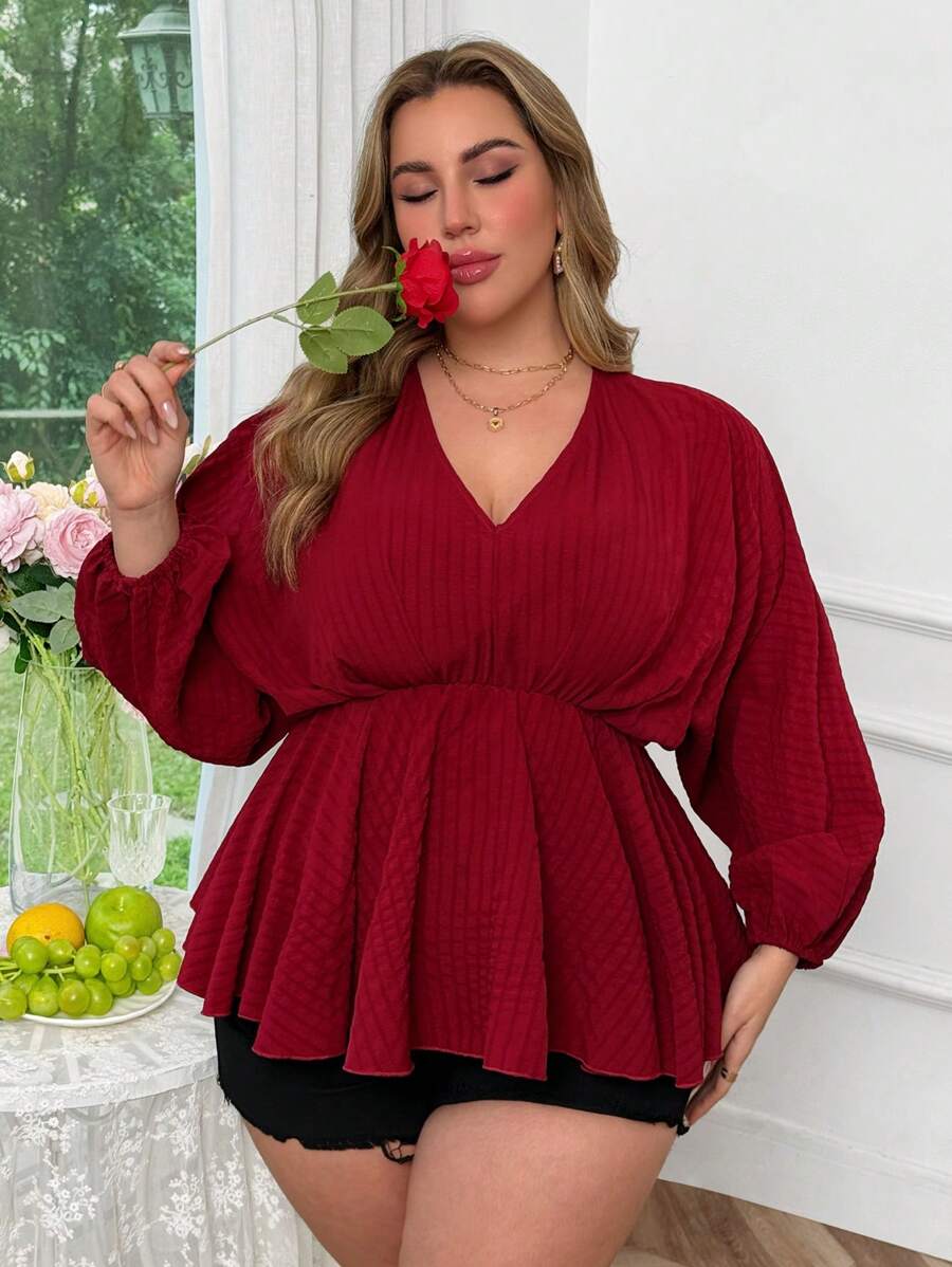 SHEIN Unity Plus Size V-Neck Textured Fabric Elastic Waist Batwing Sleeve Long Shirt - Burgundy - View 1