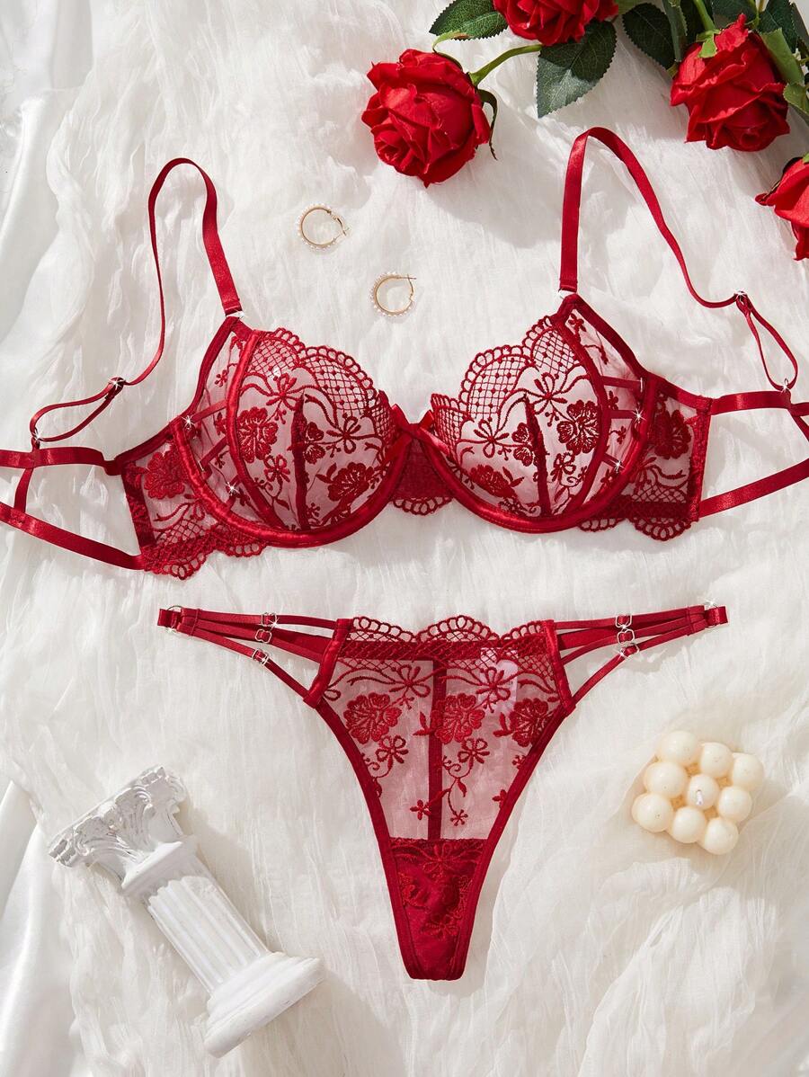 SHEIN 2 Peças Conjunto de Lingerie Vintage Romântico Bordado Borgonha para Mulheres, Sexy - Vinho - Visão 1