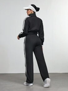 Women's Solid Color Splicing Long Sleeve Casual Top And Pants Set - Black - View 2