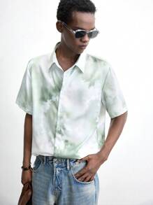 Maija Men's Spring 2025 New Ink Gradient Lapel Design Daily Casual Fashion Simple Short Sleeve Single-Breasted Shirt, Suitable For Outing, Holiday, Valentine's Day, Date - Multicolor - View 5