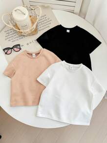 SHEIN Leap Crew 3 件儿童夏季休闲韩版纯色宽松圆领短袖 T 恤，高性价比服装，适合外出、街头装、派对 - 黑與白 - 查看 5