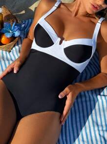 SHEIN Swim Elegant Minimalist Monochrome Women's One-Piece Summer - Black and White - View 1