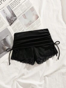 Swim EVENT Black Lace Patchwork Drawstring Shorts, Tight Fit For Party, Music Festival, Casual, Beach, Summer Women - Black - View 7
