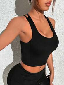 Easithlete 纯色运动短款上衣，内置胸罩和机场装合身衬衫胸罩吊带，上托运动胸罩，露背运动胸罩，胸罩吊带，运动胸罩，适合健身 - 黑色 - 查看 6