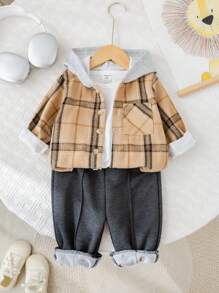SHEIN 3pcs Baby Boy Autumn/Winter Outfit: Cute Checkered Jacket, Bear Print Knit Top, Elastic Waist Pants 3-Piece Set, Suitable For Outings In Autumn And Winter - Multicolor - View 3
