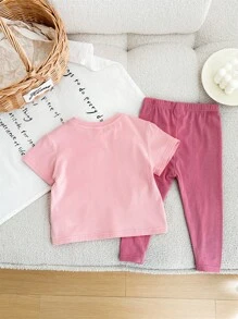 Conjunto de 2 piezas para bebé niña con blusa de manga corta y lazo rosa, y pantalones para verano