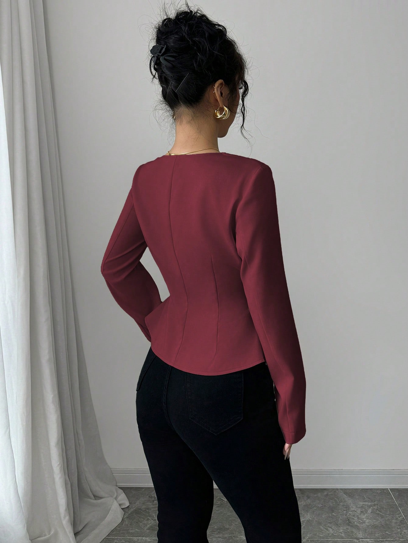 Elenzga قميص نسائي أنيق بياقة فرنسية شكل شبه منحرف، ياقة مربعة بأزرار أمامية، خصر مزين، قصة A الطويل