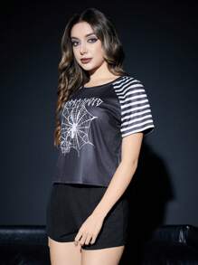 ROMWE Grunge Punk Punk Spider Print Striped Raglan Sleeve Shorts Pajama Set - Black - View 5