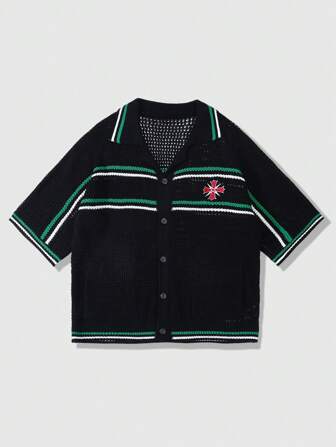 Casual Men's Preppy Contrast Striped Embroidered Short Sleeve Knit Top