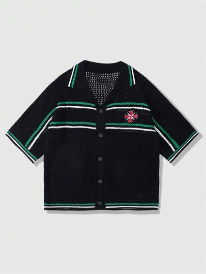 Men's Preppy Contrast Striped Embroidered Short Sleeve Knit Top