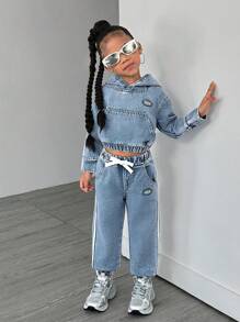 SHEIN Playful Pals 女孩年轻女孩休闲牛仔连帽衫和运动裤 2 件套，时尚休闲日常穿着，柔软透气，春秋季 - 中等水洗藍 - 查看 4