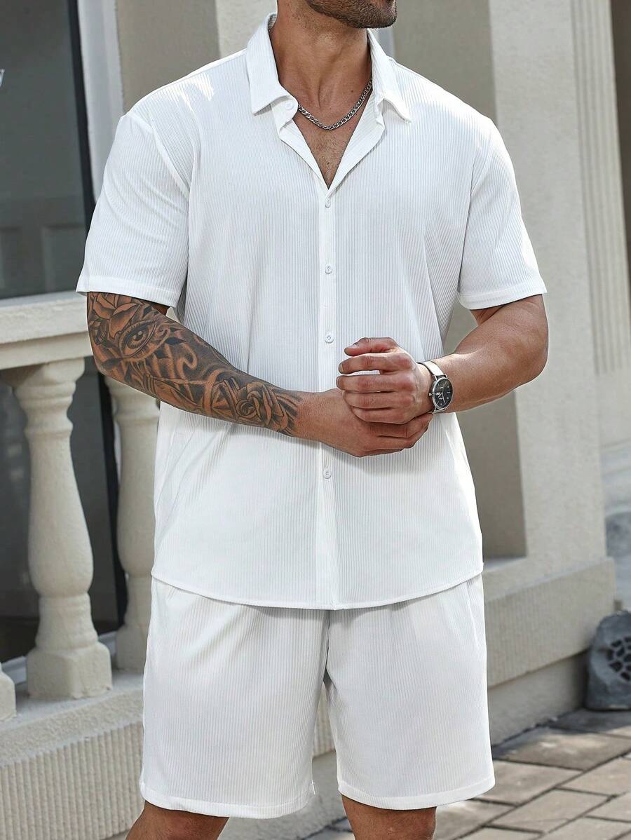 Manfinity Homme Men Plus Size Casual Solid Color Short Sleeve Shirt And Shorts Set - White - View 1