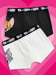TOM & JERRY X SHEIN 2 قطعة ملابس داخلية رجالية بطبعات جرافيك كرتونية جميلة وشريط بحروف، باللونين الأبيض والأسود، مريحة وكاجوال