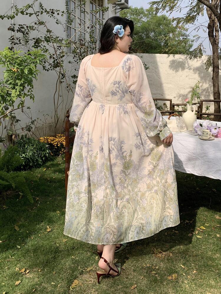 Dazy Plus Plus Size Floral Print Puff Sleeve Long Dress, Spring/Summer/Autumn DrapedDress Women Dresses Elegant Gown Party Women Dresses Milkmaid Dress,Fall Women Clothes Long Sleeve Dress