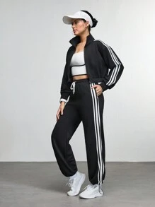 Women's Solid Color Splicing Long Sleeve Casual Top And Pants Set - Black - View 1