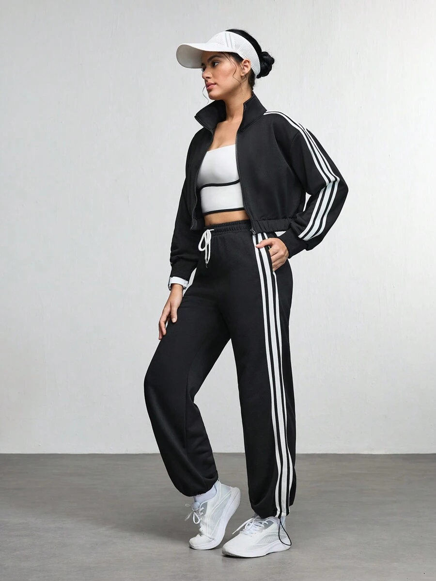 Women's Solid Color Splicing Long Sleeve Casual Top And Pants Set - Black - View 1