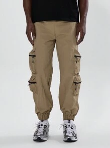 Musero 直筒裤卷边工装裤口袋秋冬 - 卡其色 - 查看 2