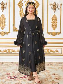 SHEIN 2pcs/Set Tween Girls Foil Print Sleeveless Dress With Belt, Ramadan Outfit - Black - View 3