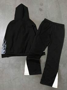 Manfinity EMRG 2pcs/Set Men Letter Flame Print Hoodie Sweatshirt And Flared Pants - Black - View 2