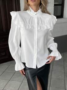 Chiquease 女士长袖荷叶边袖口纽扣式白色衬衫