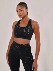 Musera Sport Bleach Wash Ribbed Sport Bra,Padel, Tennis, Pickleball Gym Fitness - Black - View 1