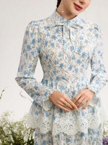 Graceveil Bộ 2 áo và chân váy in họa tiết hoa tay dài cổ đứng cho nữ, phong cách tối giản - Nhiều màu - Xem 6