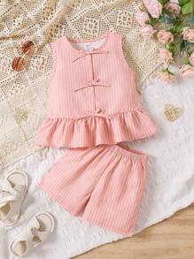 2pcs/Set Young Girl Sleeveless Striped Simple Top And Shorts Set - Pink - View 1