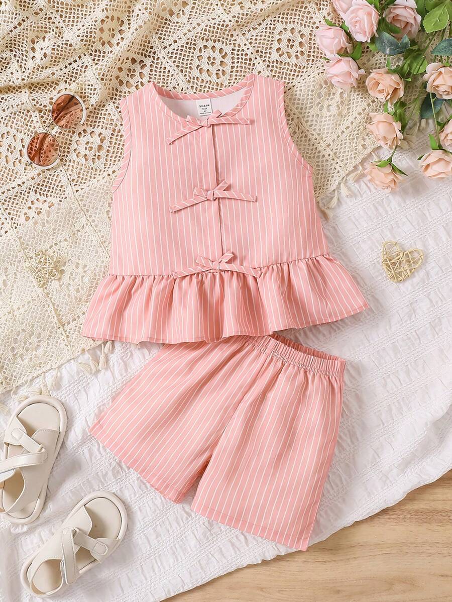 2pcs/Set Young Girl Sleeveless Striped Simple Top And Shorts Set - Pink - View 1