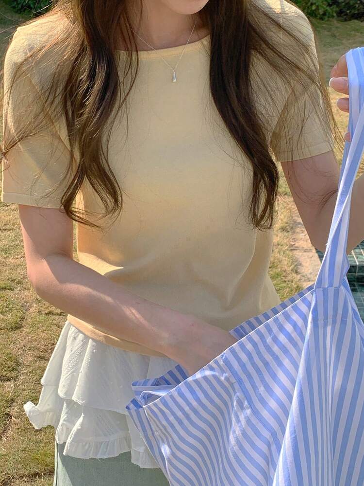 Women's Solid Color Crew Neck Fitted Short Sleeve Knit Top, Spring/Summer