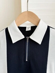 SHEIN 年轻男孩拼接撞色翻领前拉链 Polo 衫，休闲风格 - 藏蓝色 - 查看 5