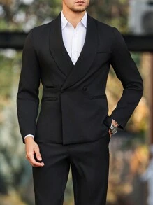 Manfinity Bizformal 男士商务通勤套装，采用缺口翻领设计的黑色西装套装，适合商务宴会、婚礼和日常工作等各种场合。这款西装是送给男朋友或老公的绝佳礼物。男士纯色西装套装：上衣和裤子，简约时尚休闲日常穿着，男士正装西装，男士正装西装，男士休闲西装，男士两件套西装 - 黑色 - 查看 8