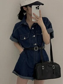 DAZY 女士休闲前扣短袖口袋牛仔连体裤