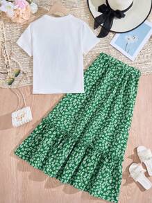 SHEIN 2pcs/Set Teen Girls Knitted Girl Print Floral Bow T-Shirt And Green Ditsy Floral Long Skirt, Suitable For Vacation, Leisure, Festival, Lunch, Music Festival, Street Wear