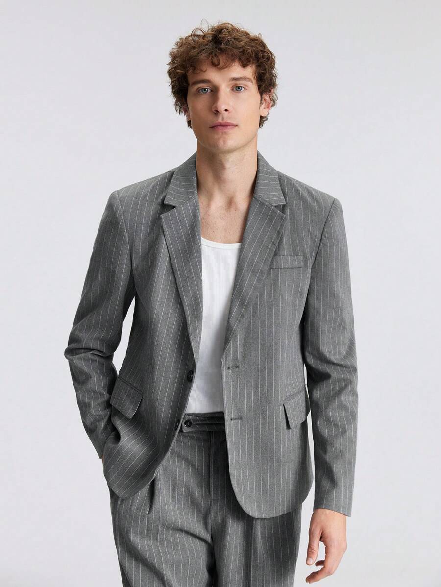 Ontre Men's Grey Front Button Long Sleeve Pocket Stripe Simple Casual Suit Jacket Outing Clothes, New Styles For Spring And Summer 2025, Travel, Holiday And Commuting