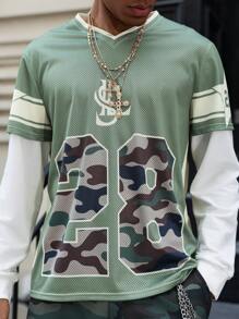 Manfinity Roghcode 男式纯色拼布长袖数字印花休闲套头棒球运动衫 - 軍綠色 - 查看 1