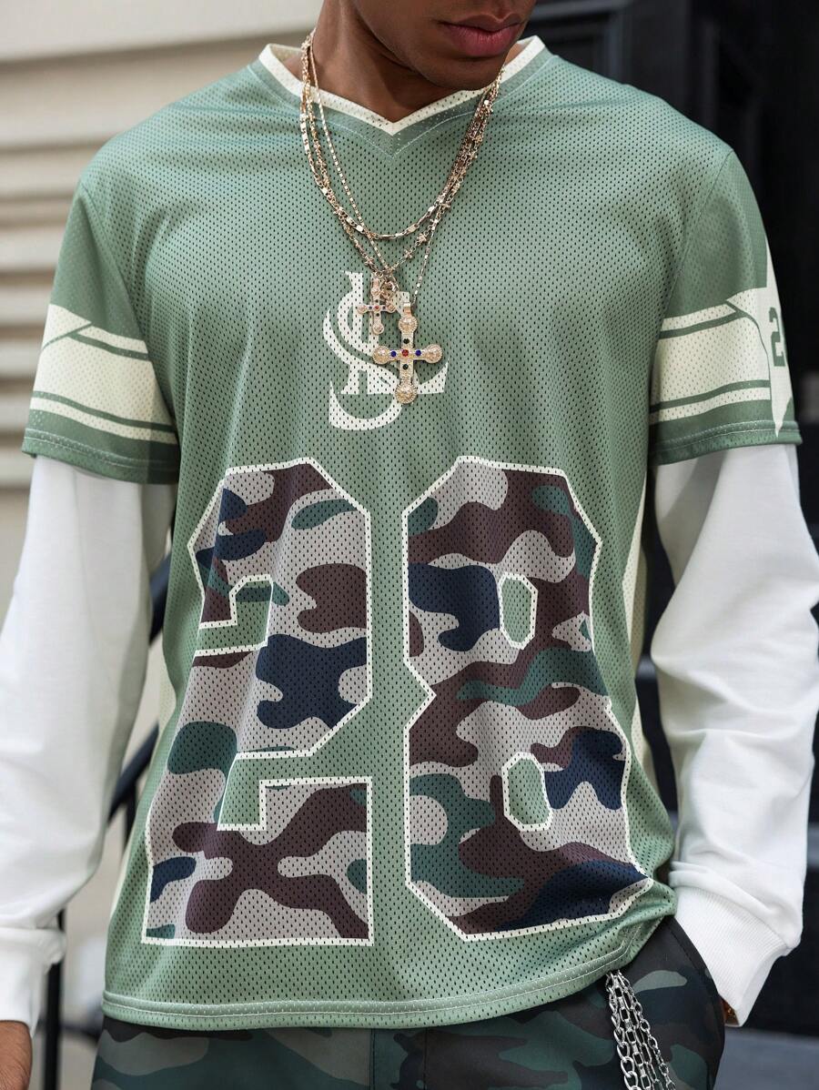 Manfinity Roghcode 男式纯色拼布长袖数字印花休闲套头棒球运动衫 - 軍綠色 - 查看 1