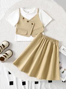 SHEIN Set de 2 piezas compuesto por una blusa corta de punto blanco y caki con efecto 2 en 1, y una falda larga de línea A en color caqui para niña joven
