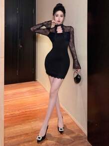 DAZY Sexy Sheer Lace Patchwork Cutout Mini Bodycon Dress, Perfect For Date Night And Formal Events Prom Dress,Fall Dress Long Sleeve Dress - Black - View 2