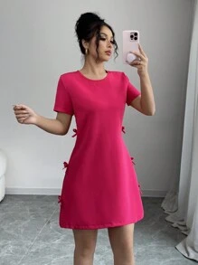 Chiquease Slim Fit Elegant Lady Bow Detail Short Sleeve A-Line Dress - Hot Pink - View 5
