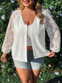 Flirla بلوزة حريمي موديل غير رسمي أنيق للعطلات والحفلات مصنوعة من تريكو باتشورك بأكمام طويلة وياقة V مع أزرار بمقاسات كبيرة - أبيض - مشاهدة 7