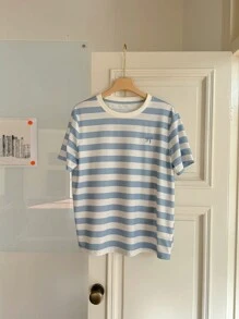 DAZY Women Crew Neck Striped Embroidered Bow Short Sleeve T-Shirt Summer - Blue - View 5