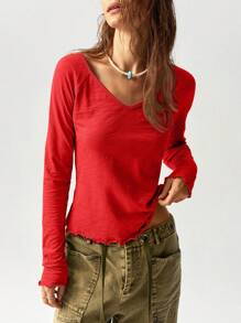 Bohemela 女士度假波西米亚风 V 领长袖宽松 T 恤秋冬休闲 - 紅色 - 查看 5