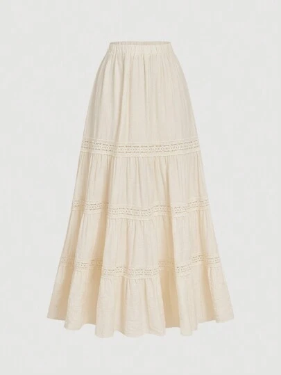 SHEIN MOD 杏色蕾丝拼接复古度假风半身裙波西米亚风半身裙田园度假半身裙春季半身裙沙滩裙