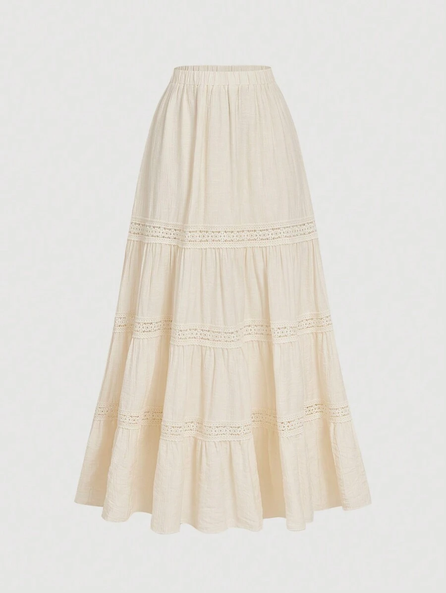 SHEIN MOD 杏色蕾丝拼接复古度假风半身裙波西米亚风半身裙田园度假半身裙春季半身裙沙滩裙 - 杏色 - 查看 1