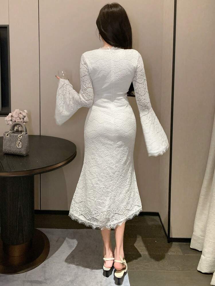 V-Neck Lace Flared Sleeve Fishtail Midi Dress For Women Prom Dress,Dress For Wedding,Fall Dress Long Sleeve Dress Elegant Women Dresses